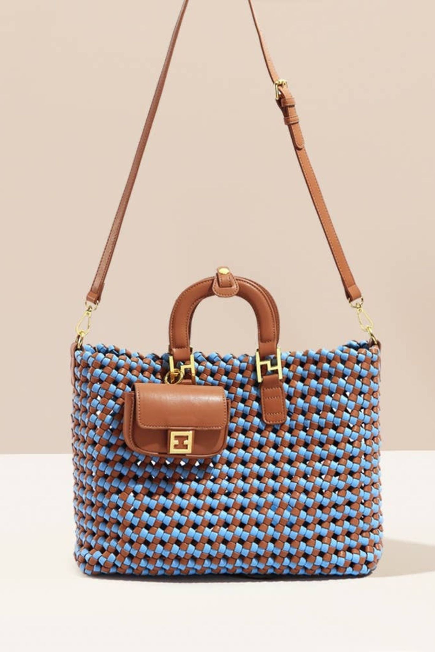 Blue Tan Hand Woven 2 In 1 Tote Handbag Experience Boutique