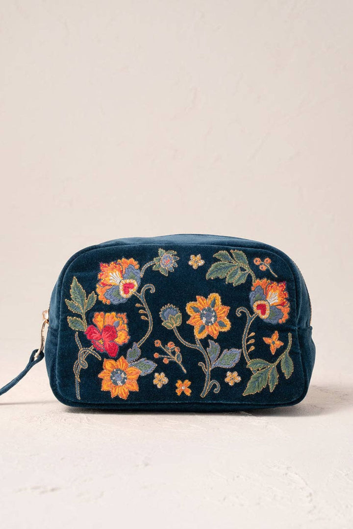 Elizabeth Scarlett Ink Blue Botanical Garden Velvet Makeup Bag