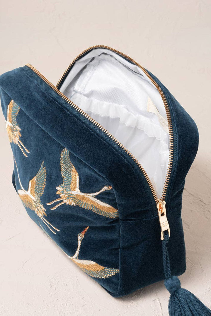 Elizabeth Scarlett Ink Blue Embroidered Cranes Velvet Wash Bag