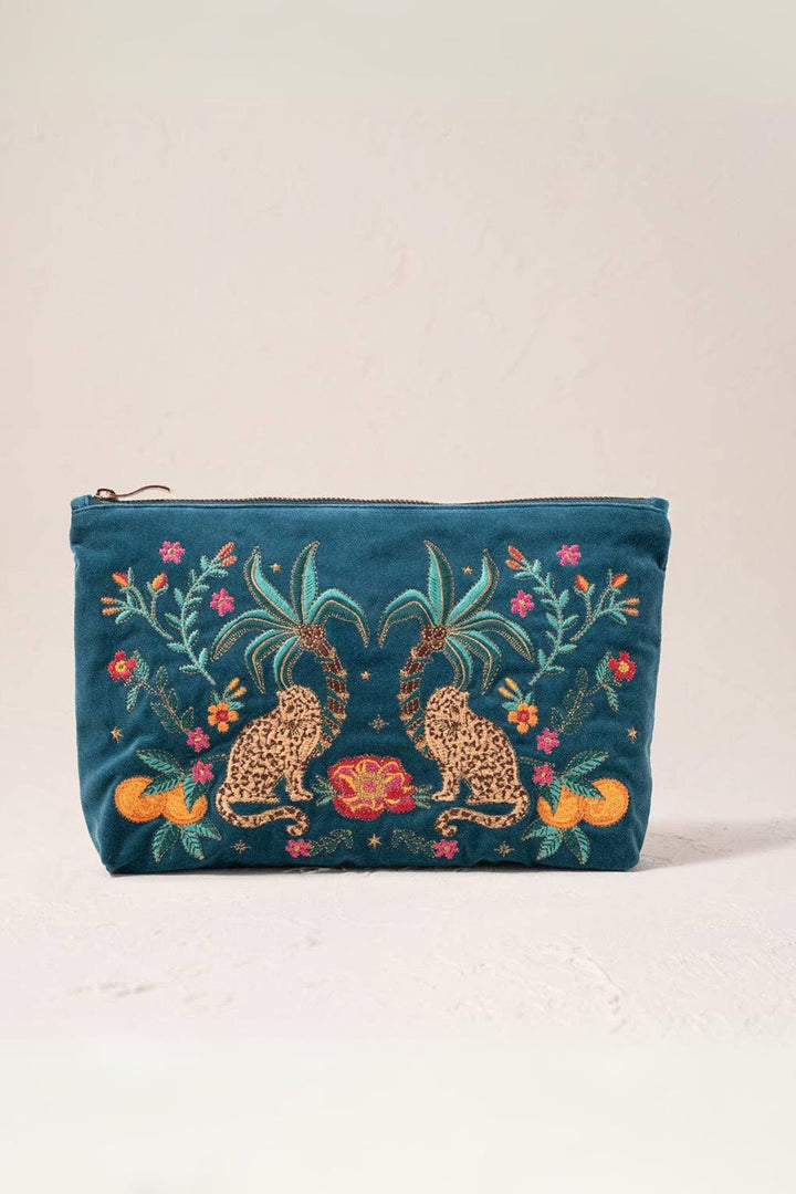 Elizabeth Scarlett Rich Blue Tropical Jaguar Velvet Everyday Pouch