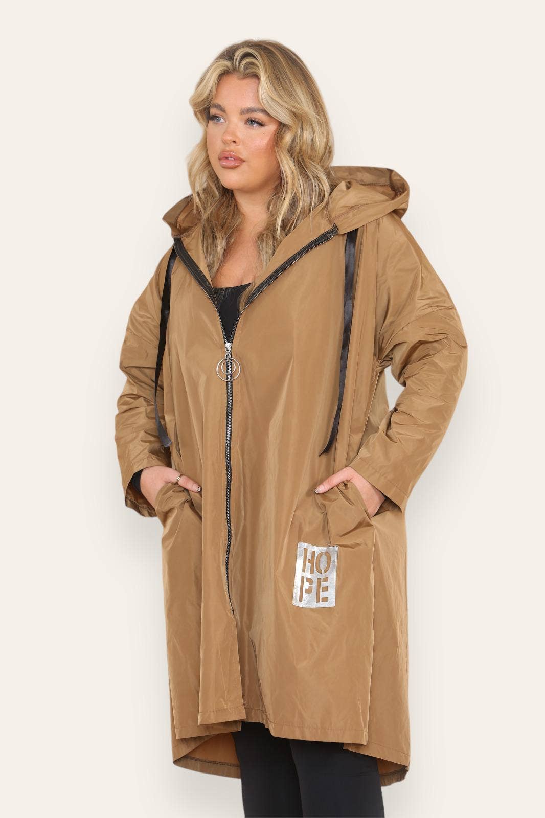 Oversized Showerproof Hooded Rain Mac Camel