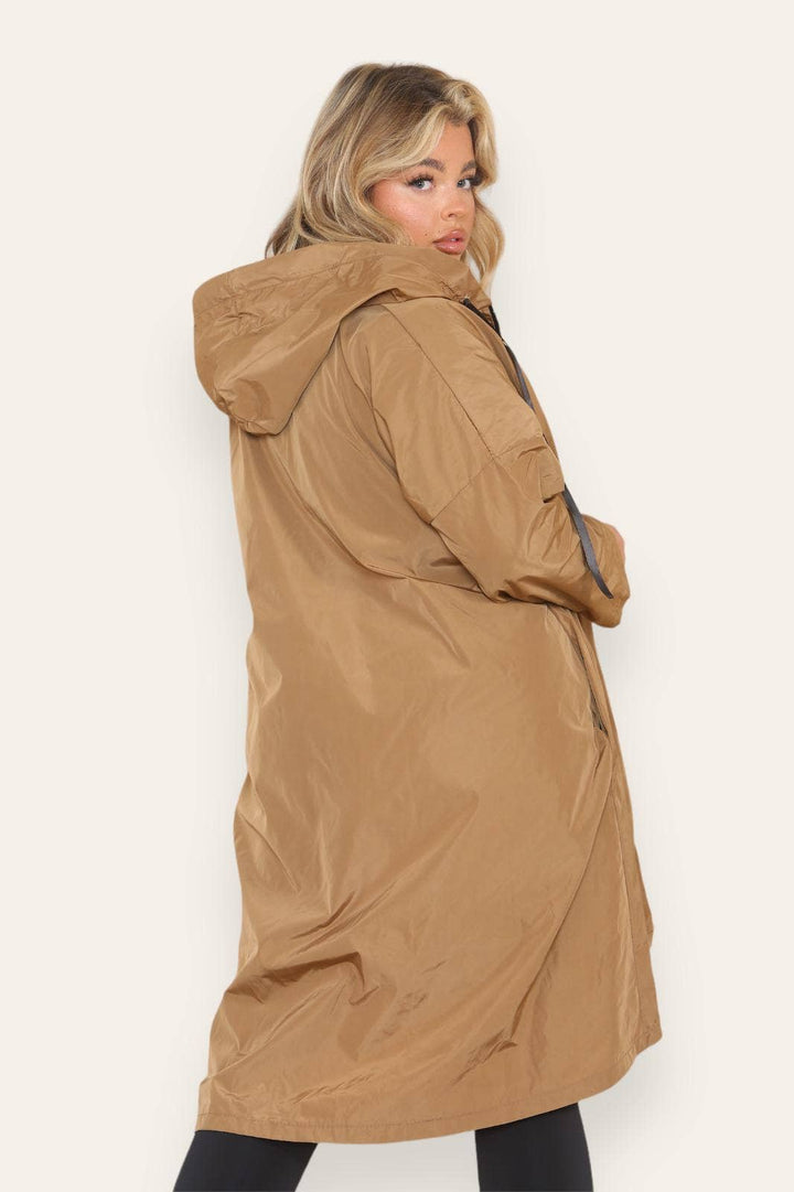 Oversized Showerproof Hooded Rain Mac Camel