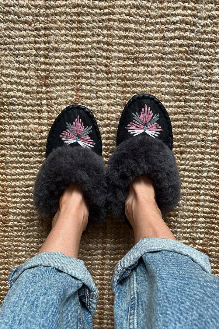 Aubergine Grey Sheepskin Mule Slippers