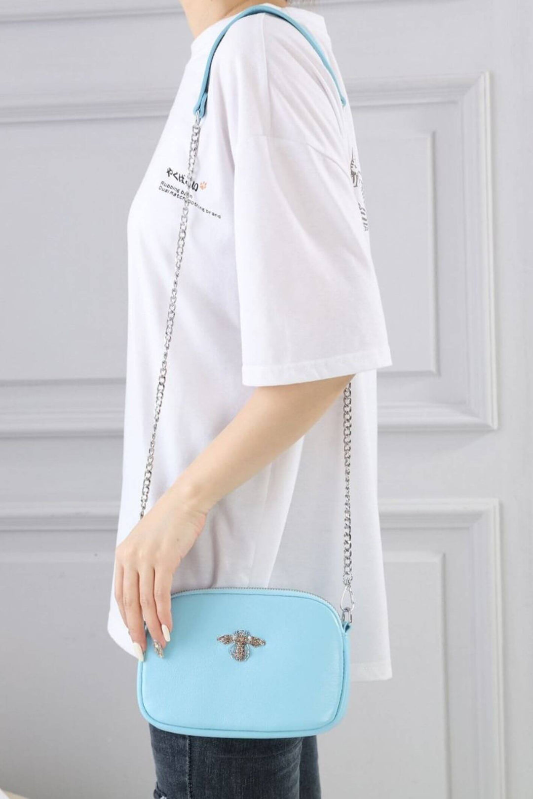 Baby Blue Leather Bee Crystal Bag