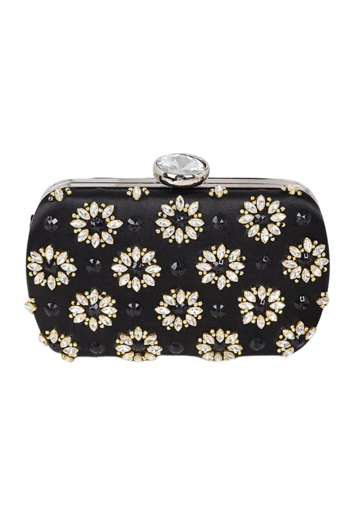 Black Crystal Flower Embellished Satin Clutch