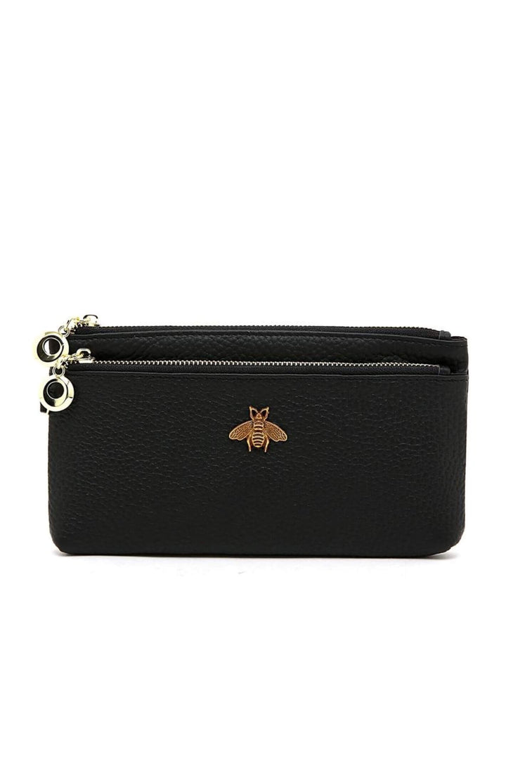 Black Leather Bee Dual Compartment Wrist Purse