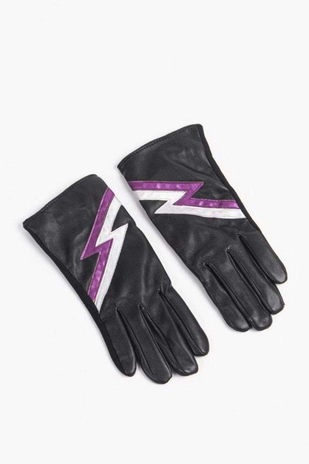 Black Metallic Purple Lightning Bolt Faux Leather Gloves