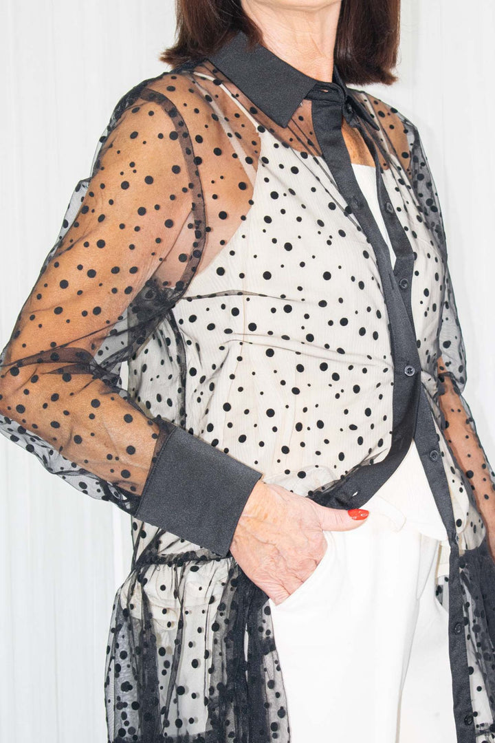 Black Semi-sheer Polka Dot Shirt Dress