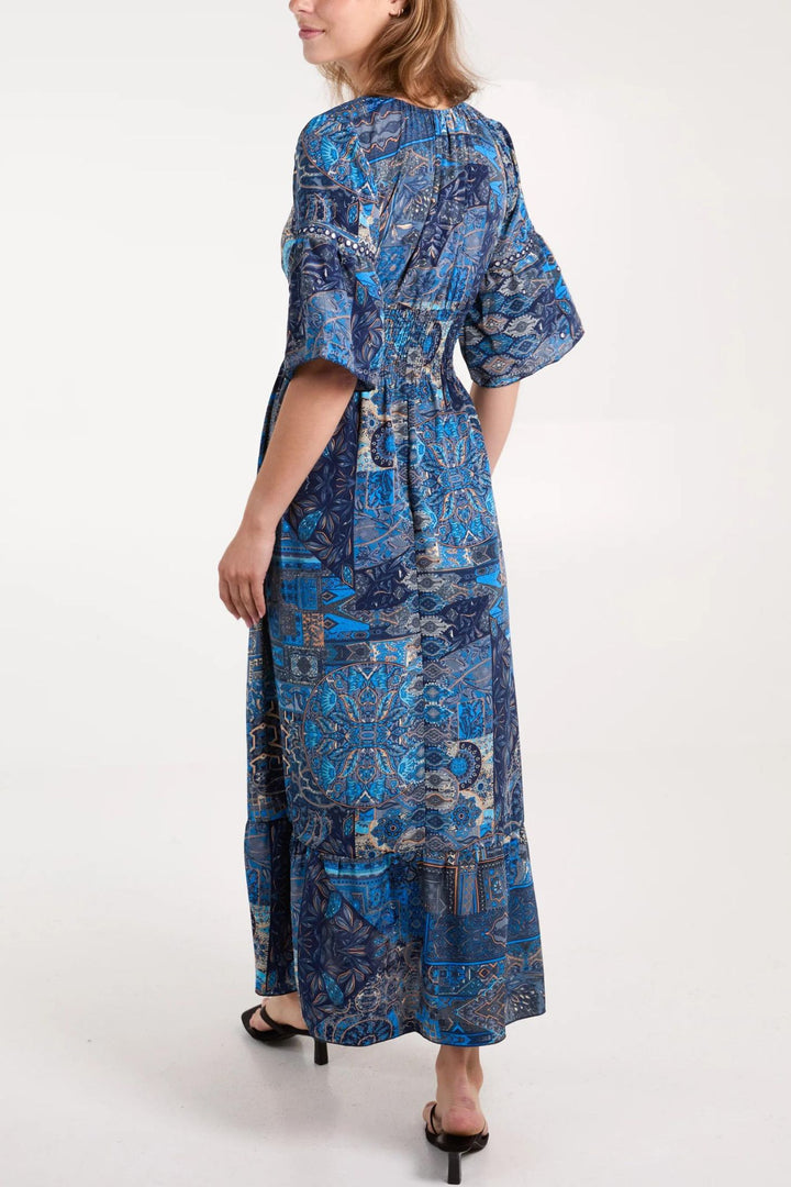 Blue Art Print Embroidered Detail V-Neck Maxi Dress