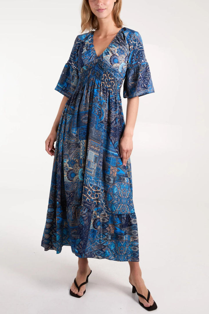 Blue Art Print Embroidered Detail V-Neck Maxi Dress