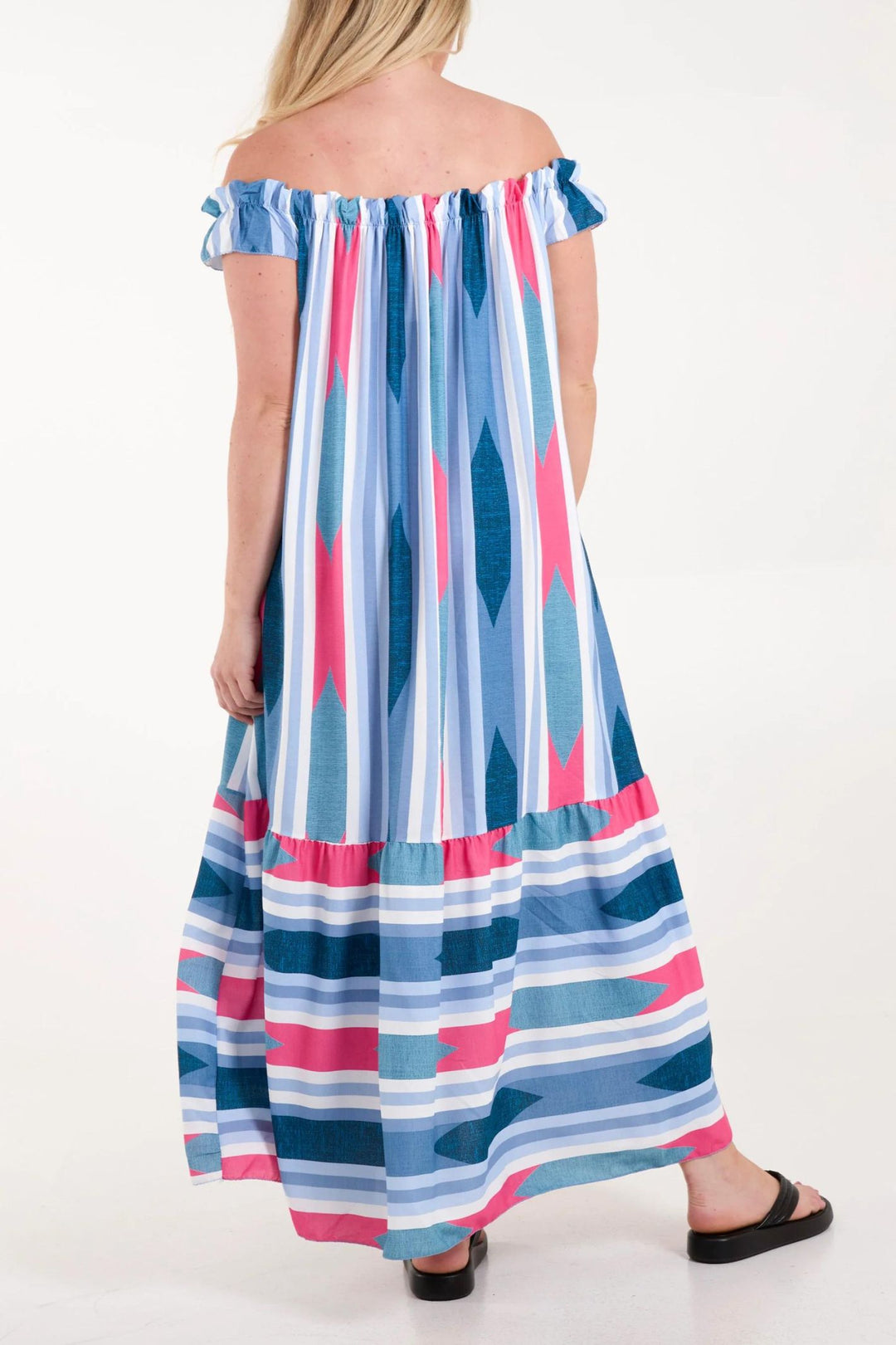 Blue Aztek Print Bardot Maxi Dress