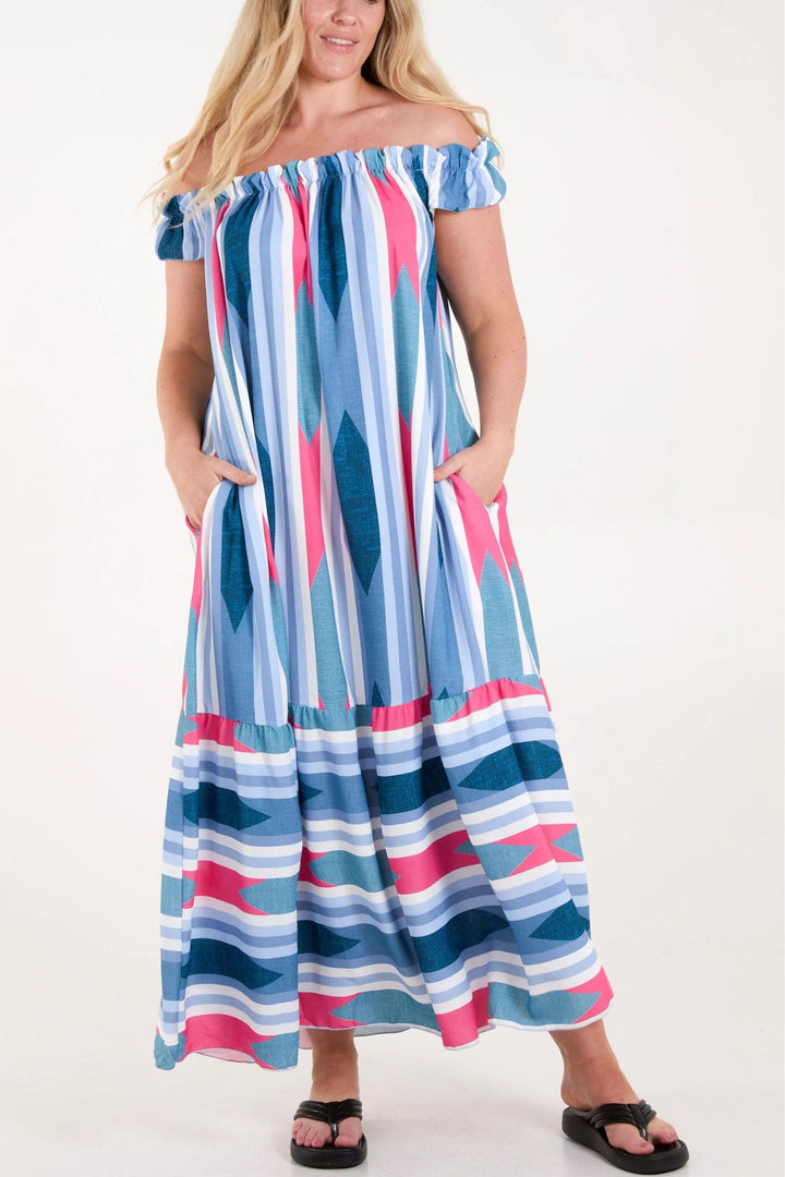 Blue Aztek Print Bardot Maxi Dress