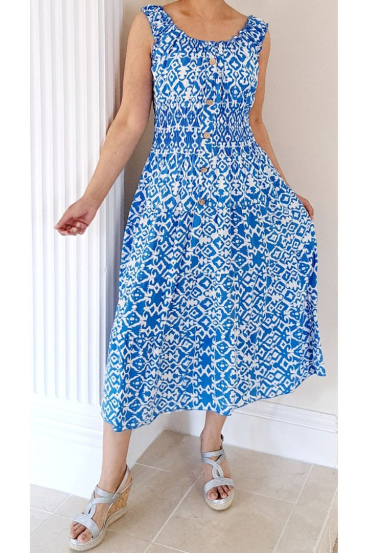 Blue Bardot Tribal Print Midi Sun Dress With Shirred Waist