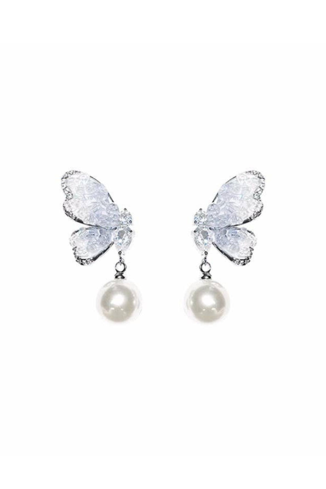 Blue Crystal Butterfly Earrings with Pearl Drops