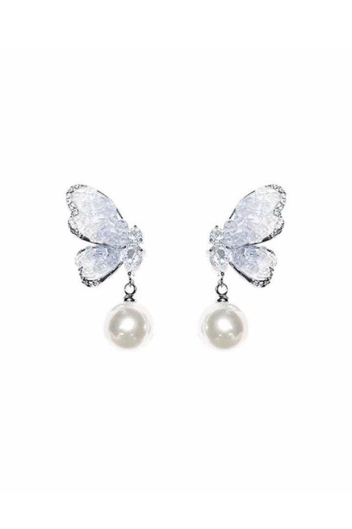 Blue Crystal Butterfly Earrings with Pearl Drops