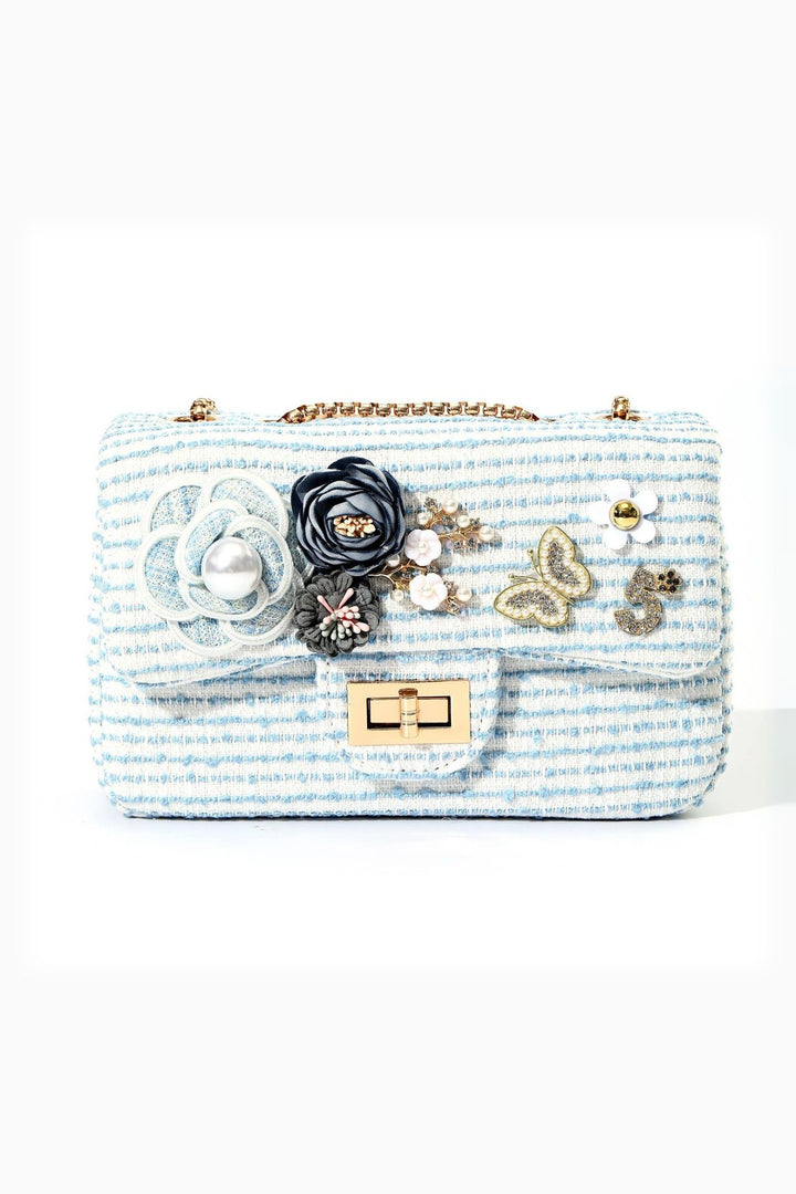 Blue & White Stripe Pearl Butterfly Tweed Handbag