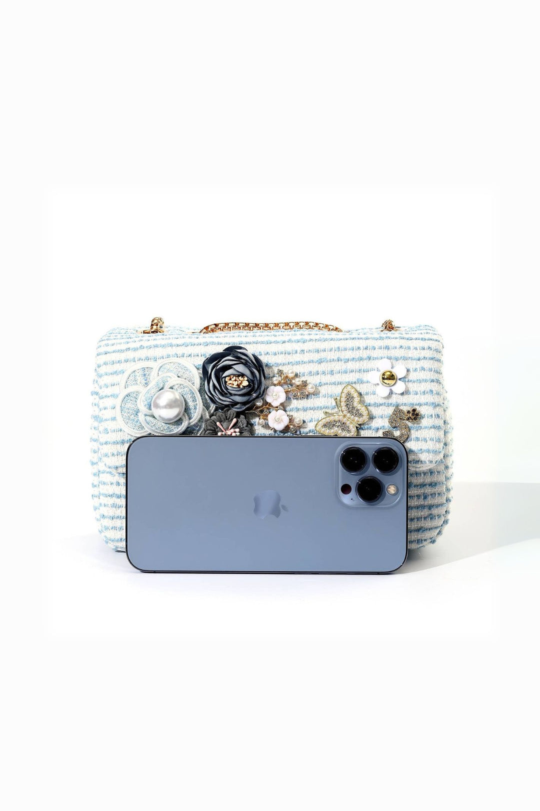 Blue & White Stripe Pearl Butterfly Tweed Handbag