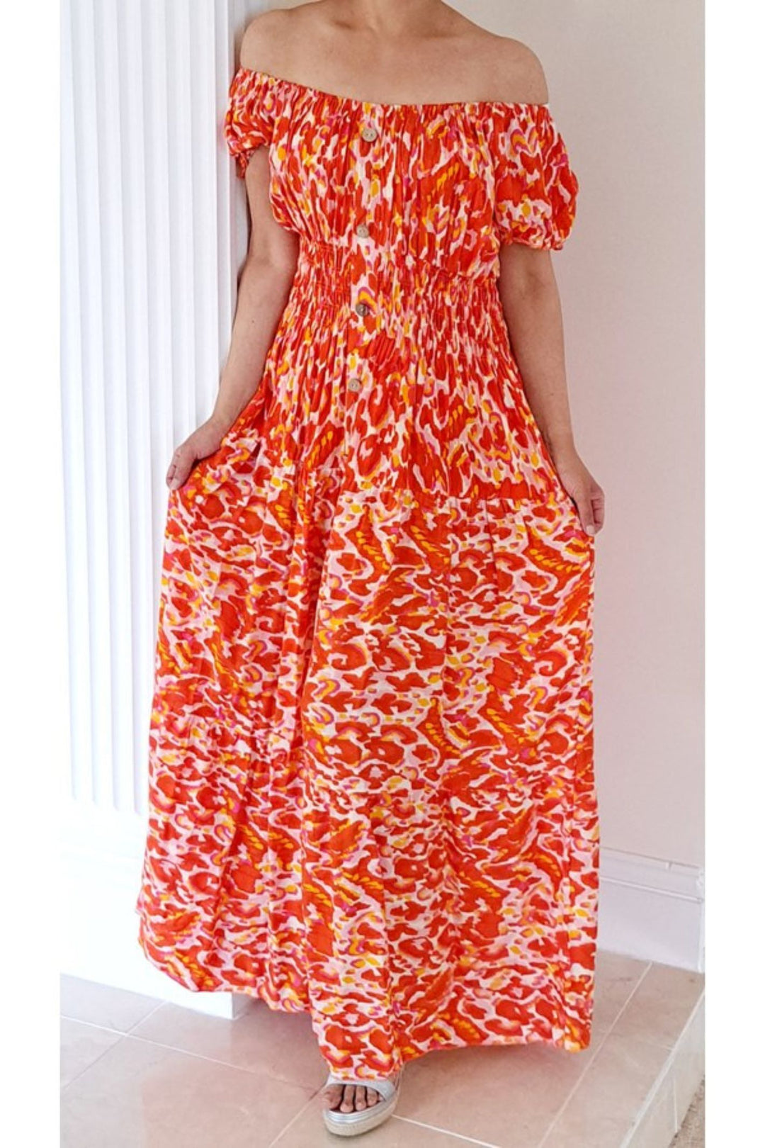 Bright Orange Abstract Print Bardot Shirred Waist Maxi Dress