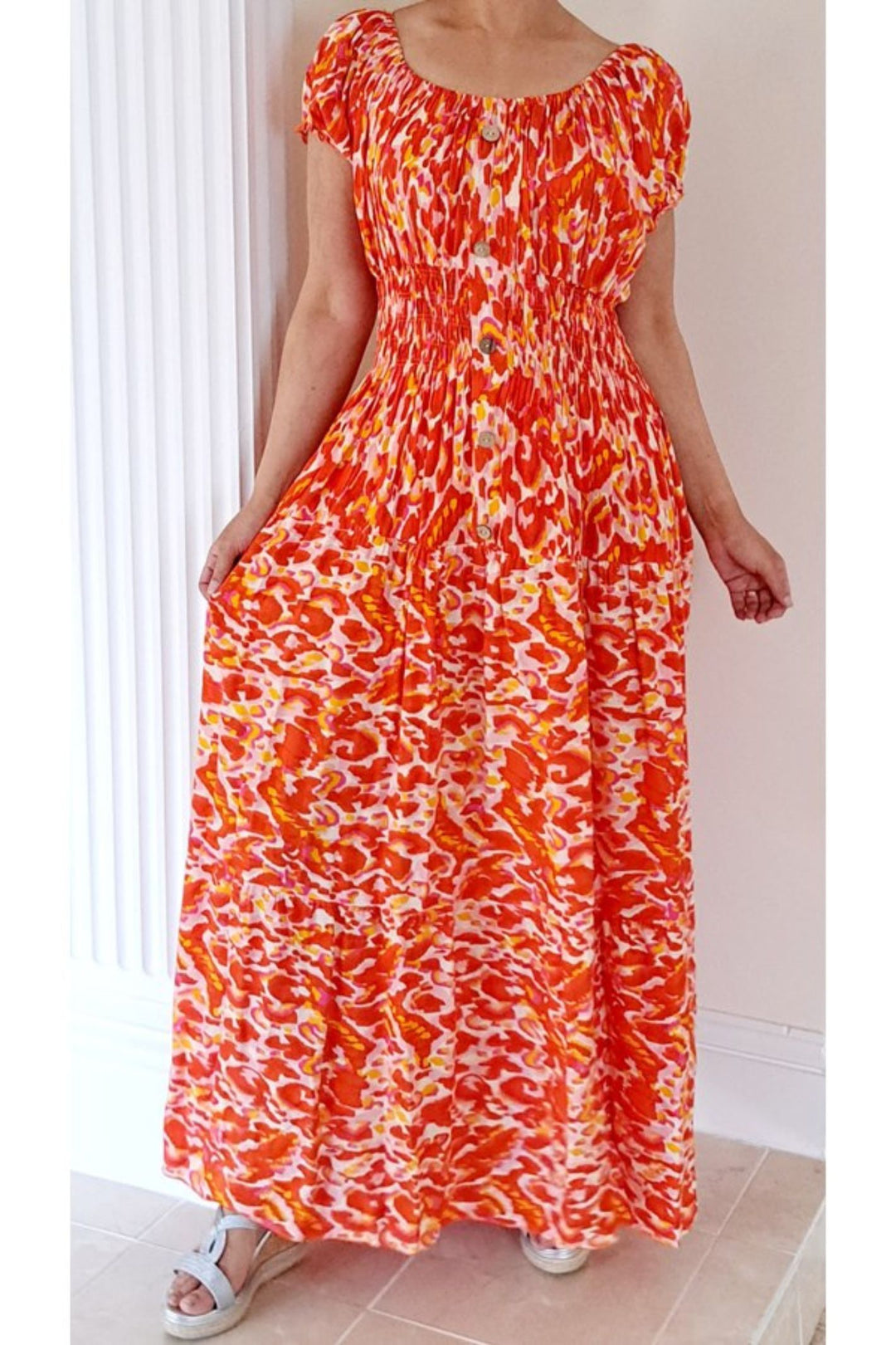 Bright Orange Abstract Print Bardot Shirred Waist Maxi Dress