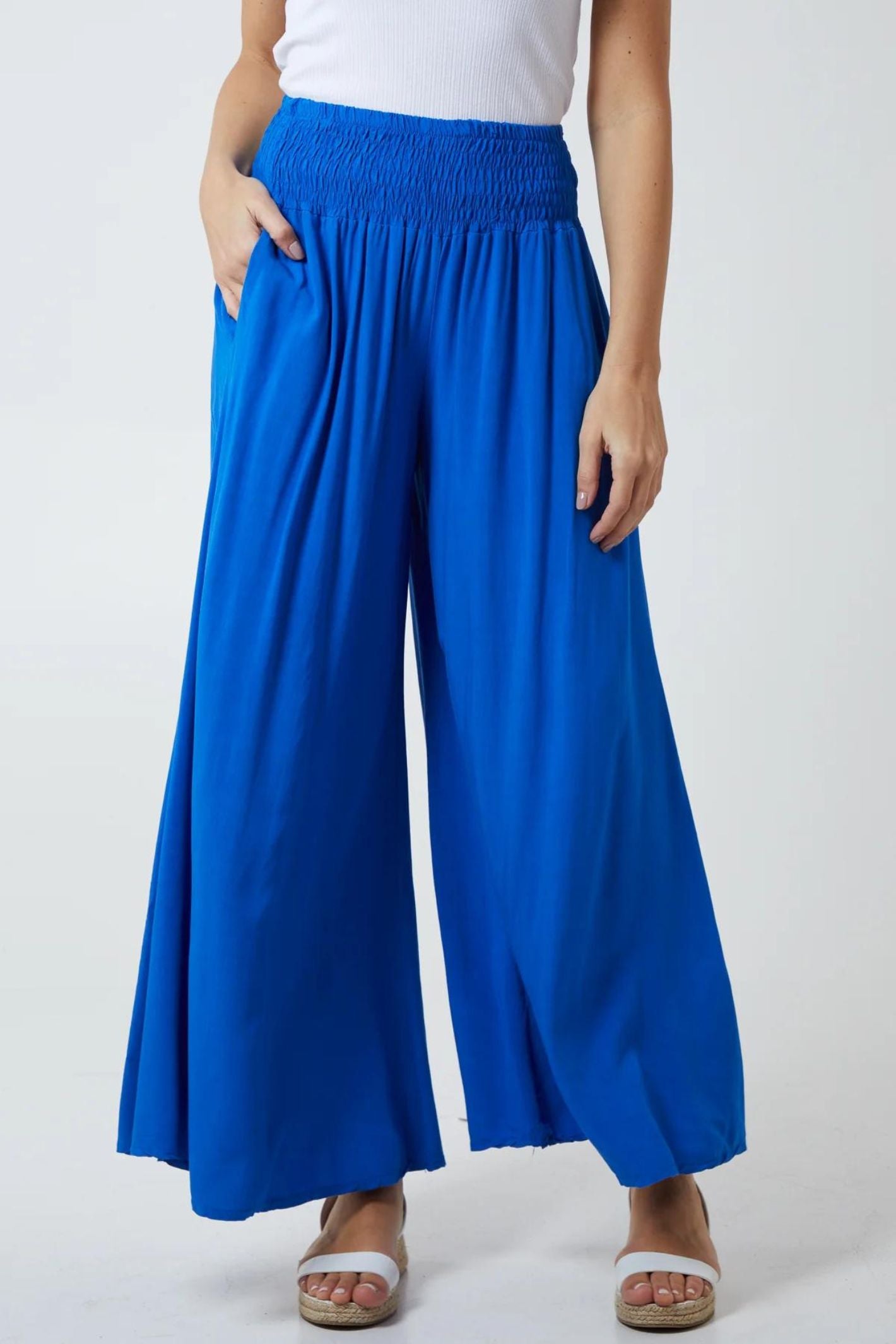 Cobalt Blue Shirred Waistband Wide Leg Trousers – Experience Boutique