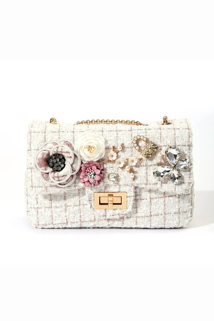 Cream Crystal Butterfly Embellished Tweed Check Handbag