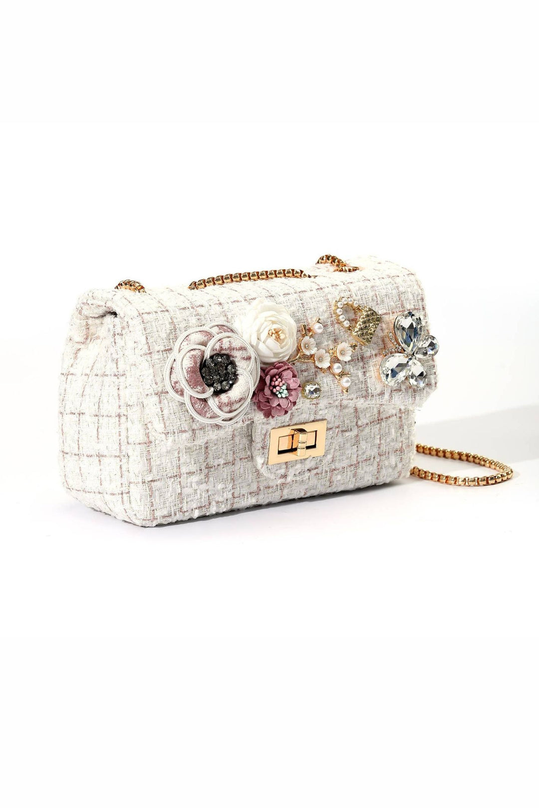 Cream Crystal Butterfly Embellished Tweed Check Handbag