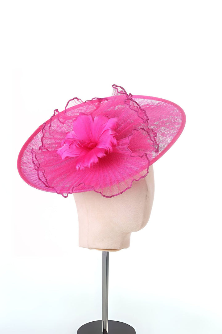 Elegant Fascinator Hat Feather Flower Fuchsia