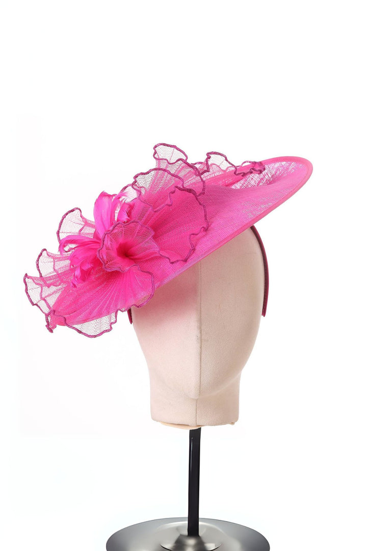 Elegant Fascinator Hat Feather Flower Fuchsia