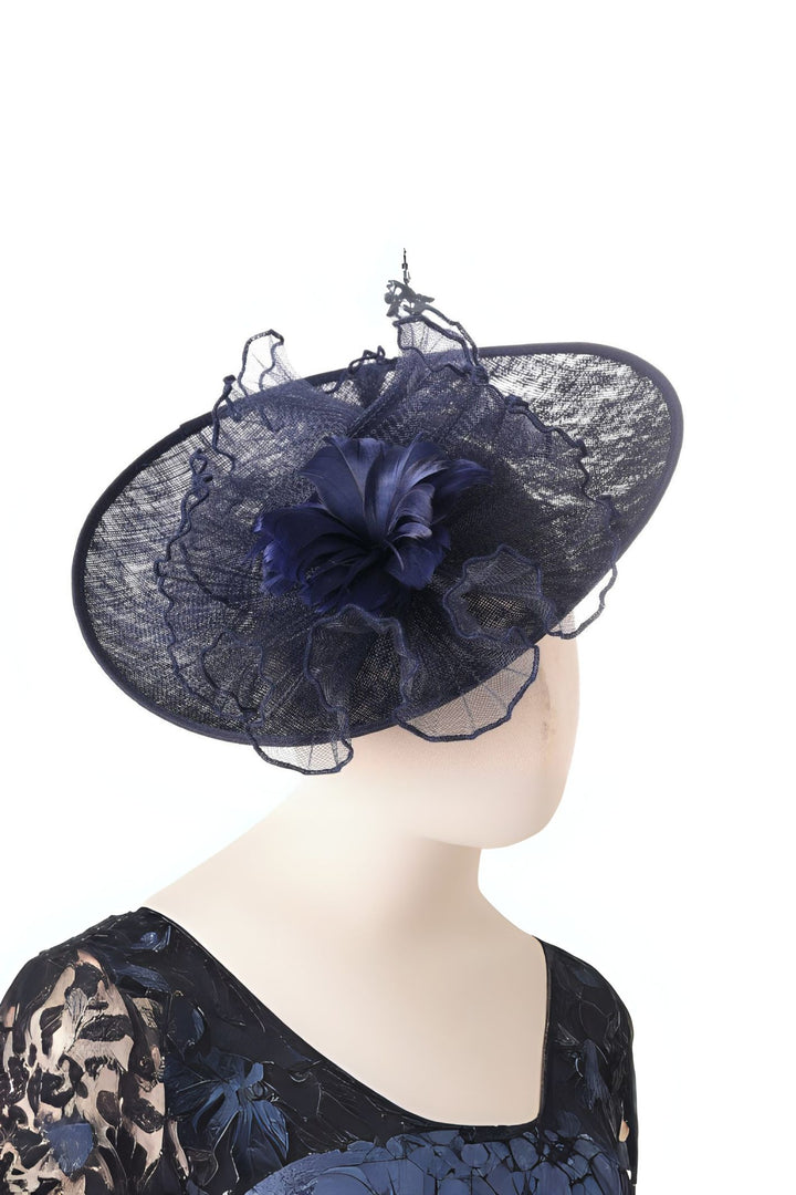 Elegant Fascinator Hat With Feather Flower Navy