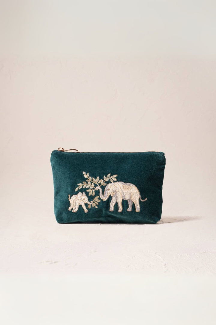 Elephant Herd Emerald Green Velvet Mini Pouch