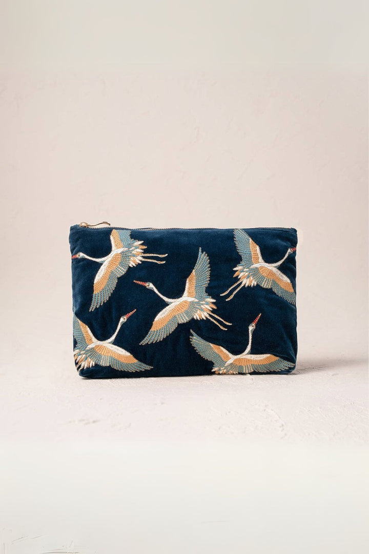 Elizabeth Scarlett Ink Blue Cranes Everyday Velvet Pouch