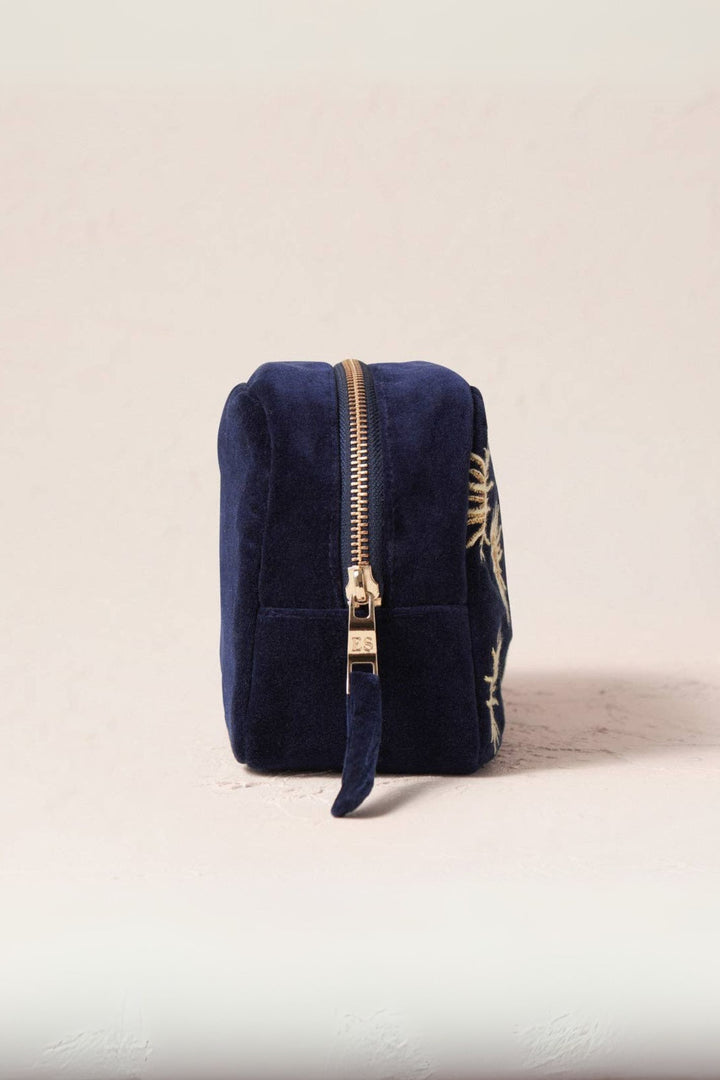 Elizabeth Scarlett Navy Sun Goddess Velvet Makeup Bag