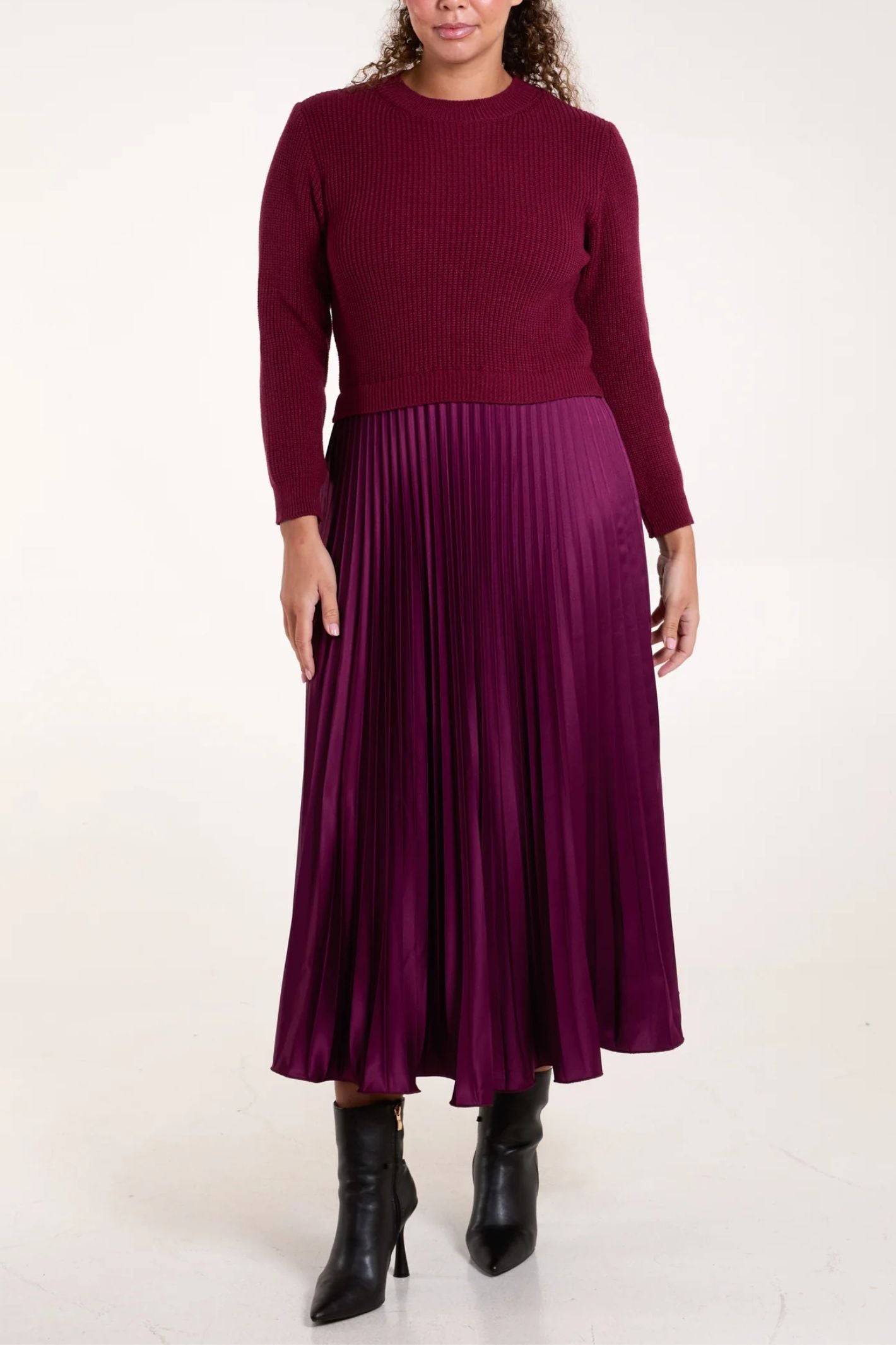 Faux Jumper Dress Burgundy Pleated Skirt