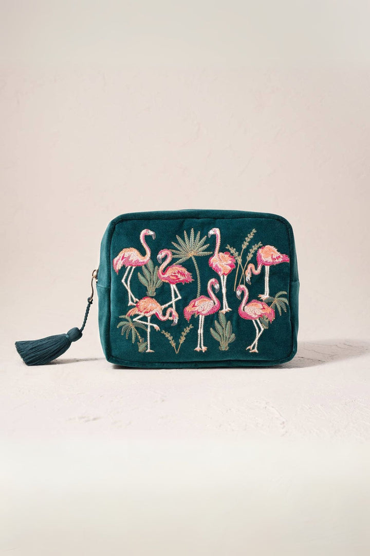 Flamingos Wash Bag Emerald  Velvet