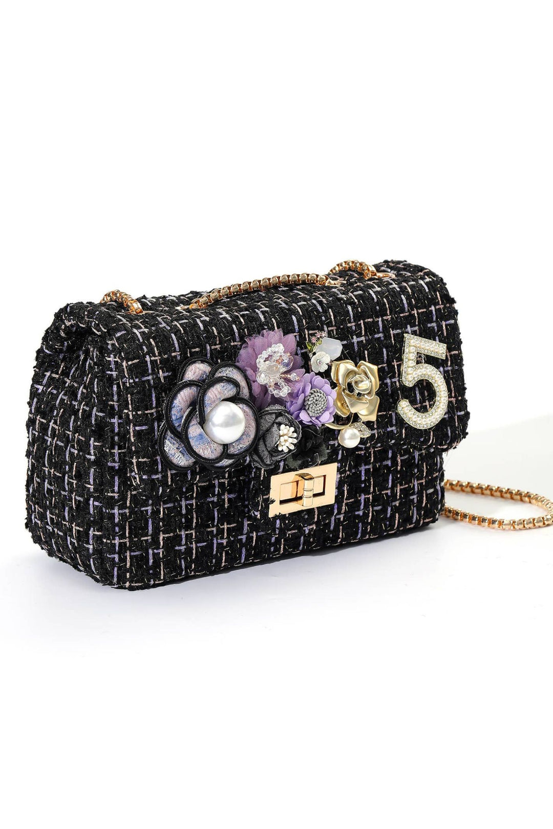 Floral Applique No5  Black Purple Tweed Bag