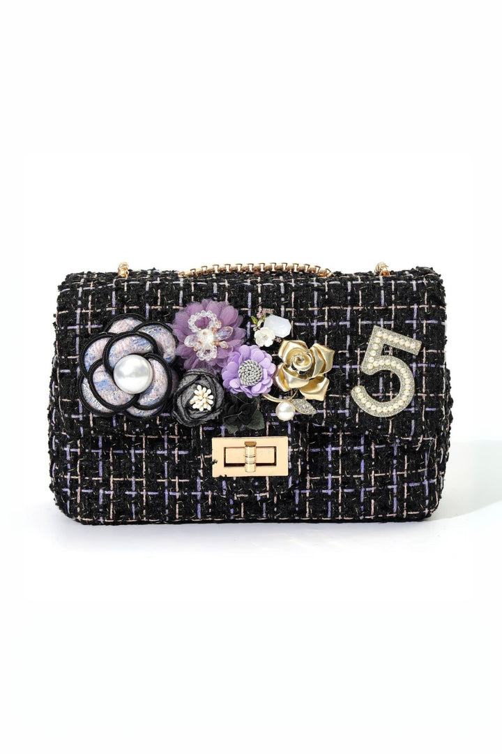 Floral Applique No5  Black Purple Tweed Bag