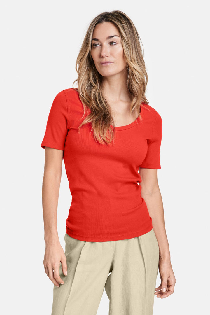 Gerry Weber 170218 Red Ribbed V-Neck T-Shirt