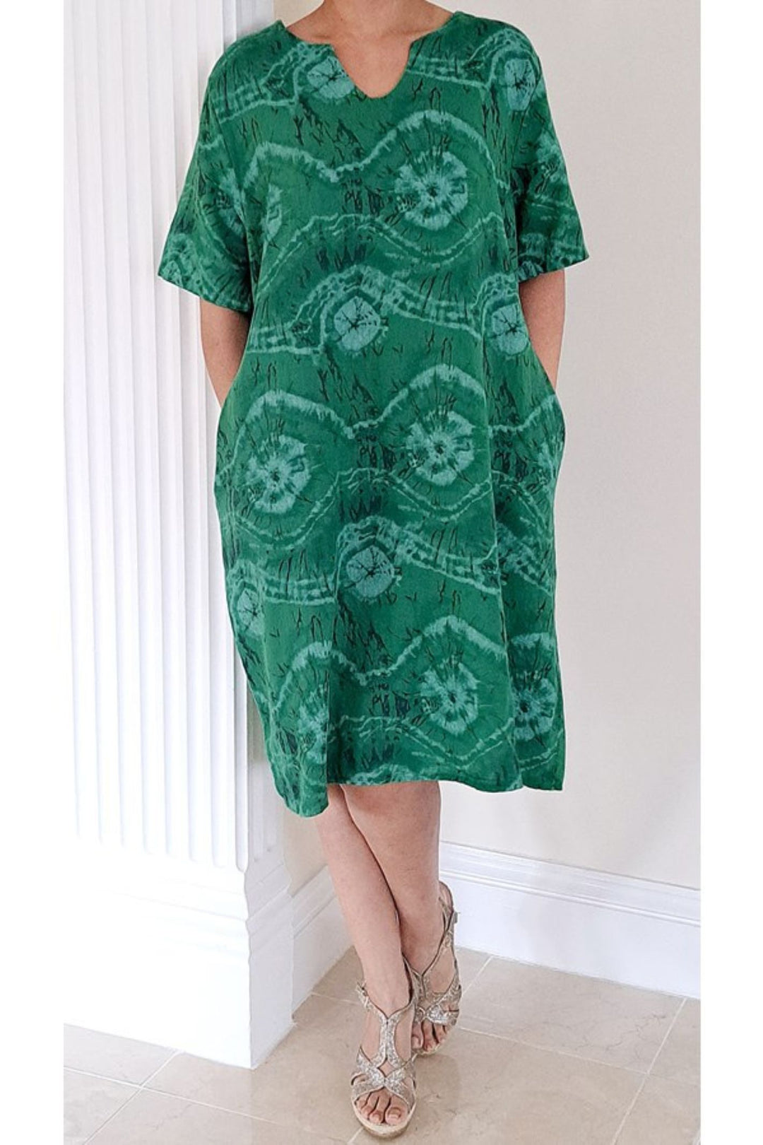 Green Linen Tie Dye Shift Dress