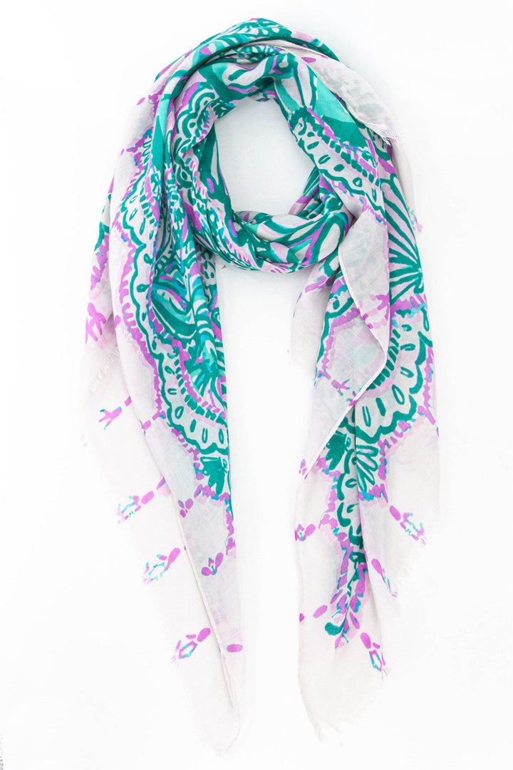 Green & Lilac Ornate Shell and Fish Print Scarf – Experience Boutique