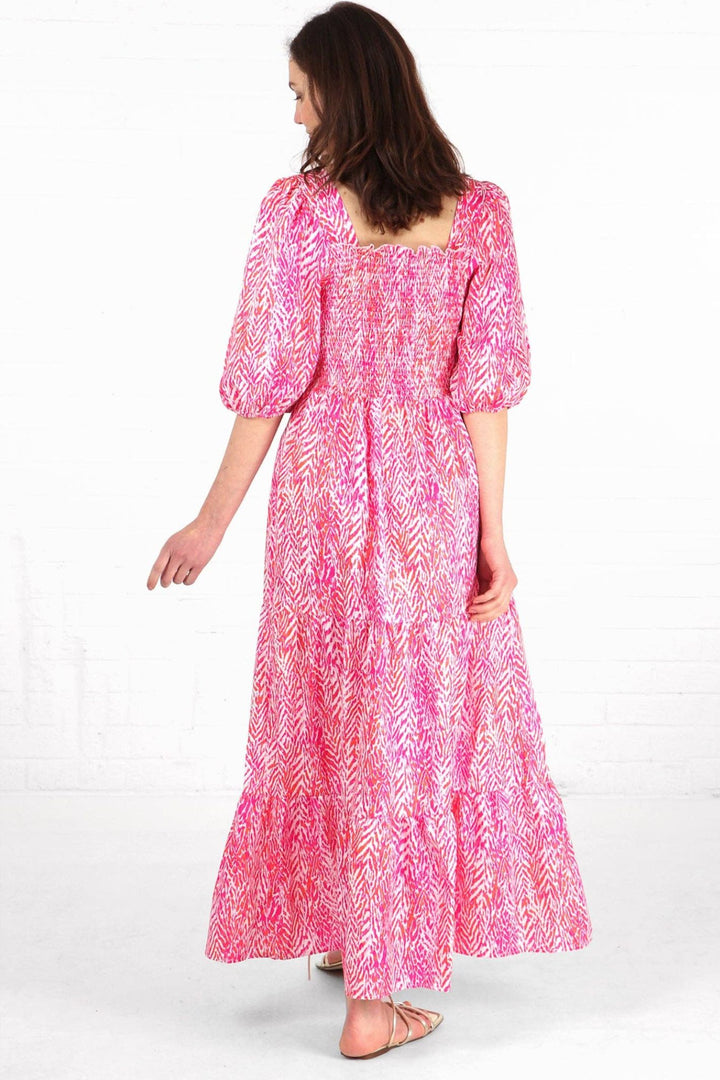 Hot Pink Chevron Print Tiered Maxi Dress
