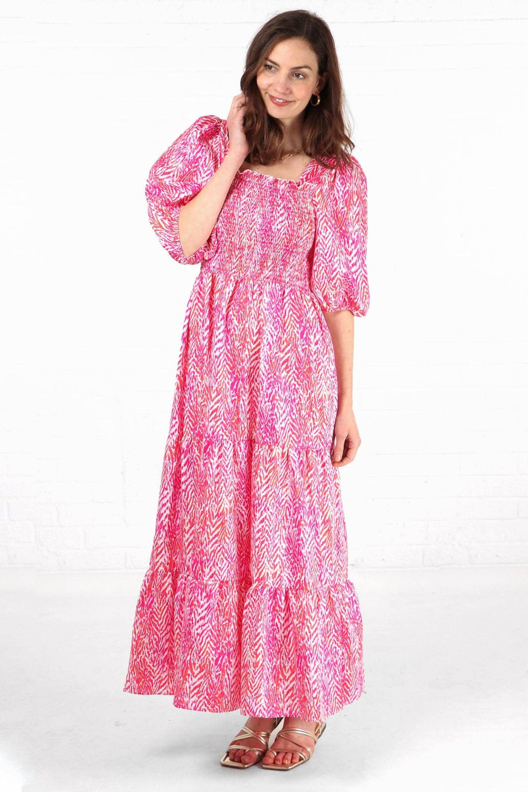 Hot Pink Chevron Print Tiered Maxi Dress