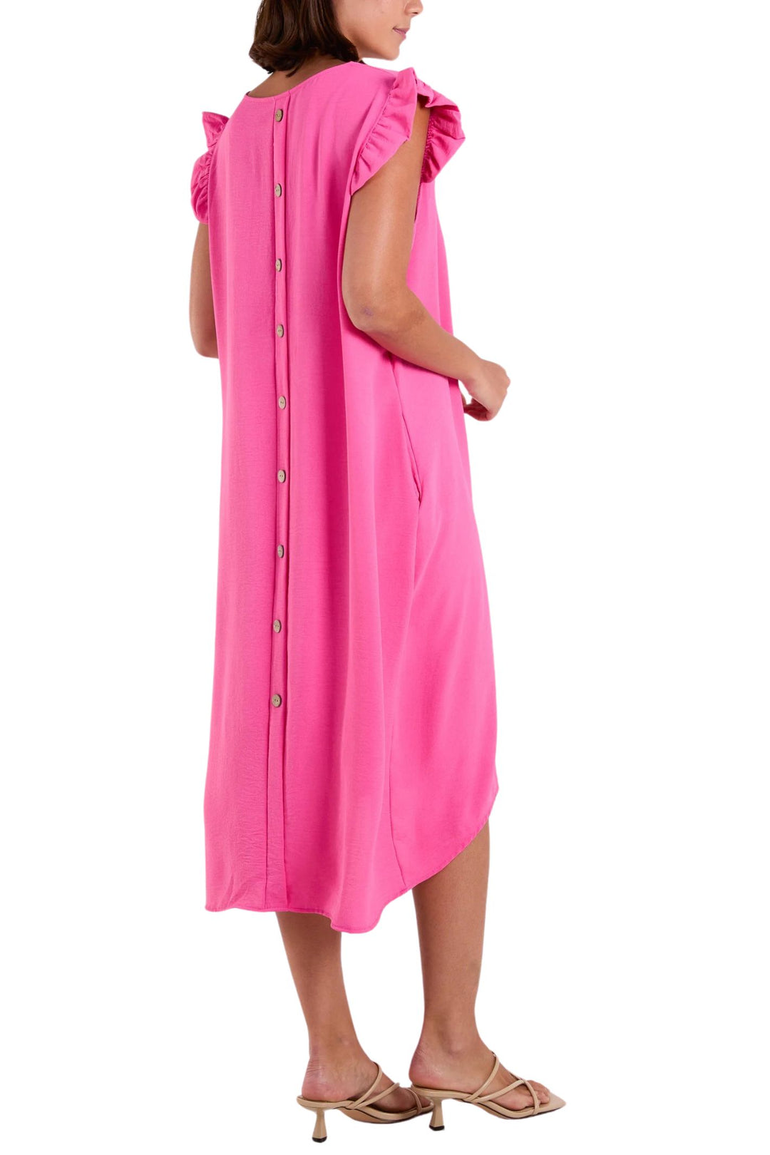 Hot Pink Frill Sleeve Button Detail Dress