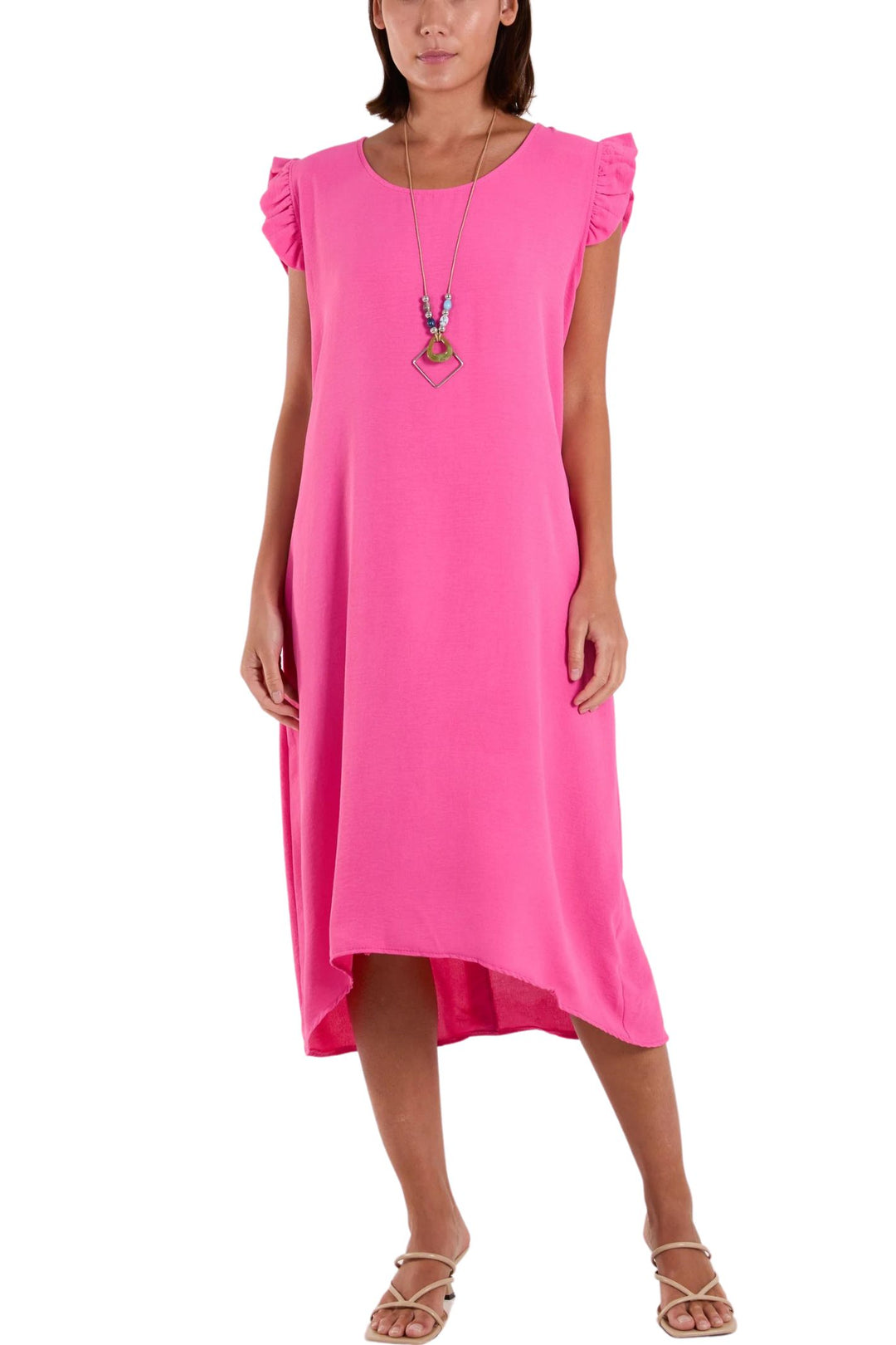 Hot Pink Frill Sleeve Button Detail Dress