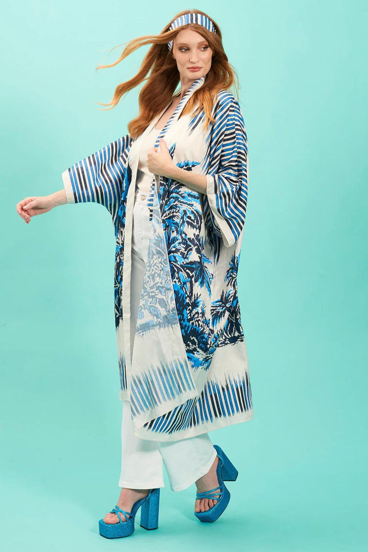 Jayley Longline Blue Palm Print Bamboo Blend Kimono