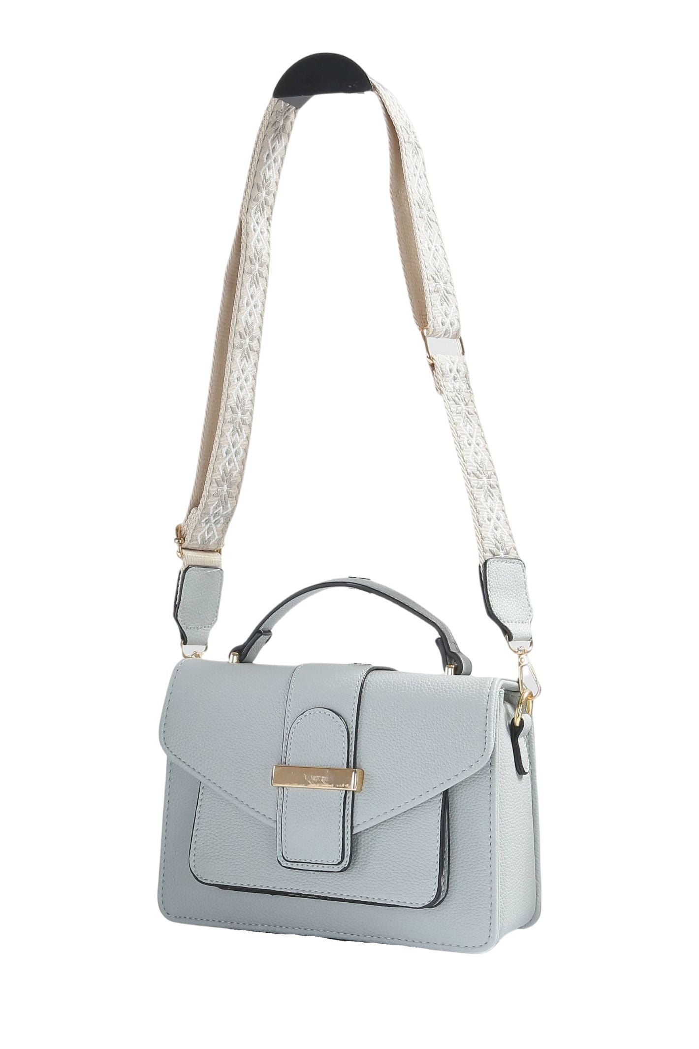 Light Grey Crossbody Handbag With Printed Strap Experience Boutique