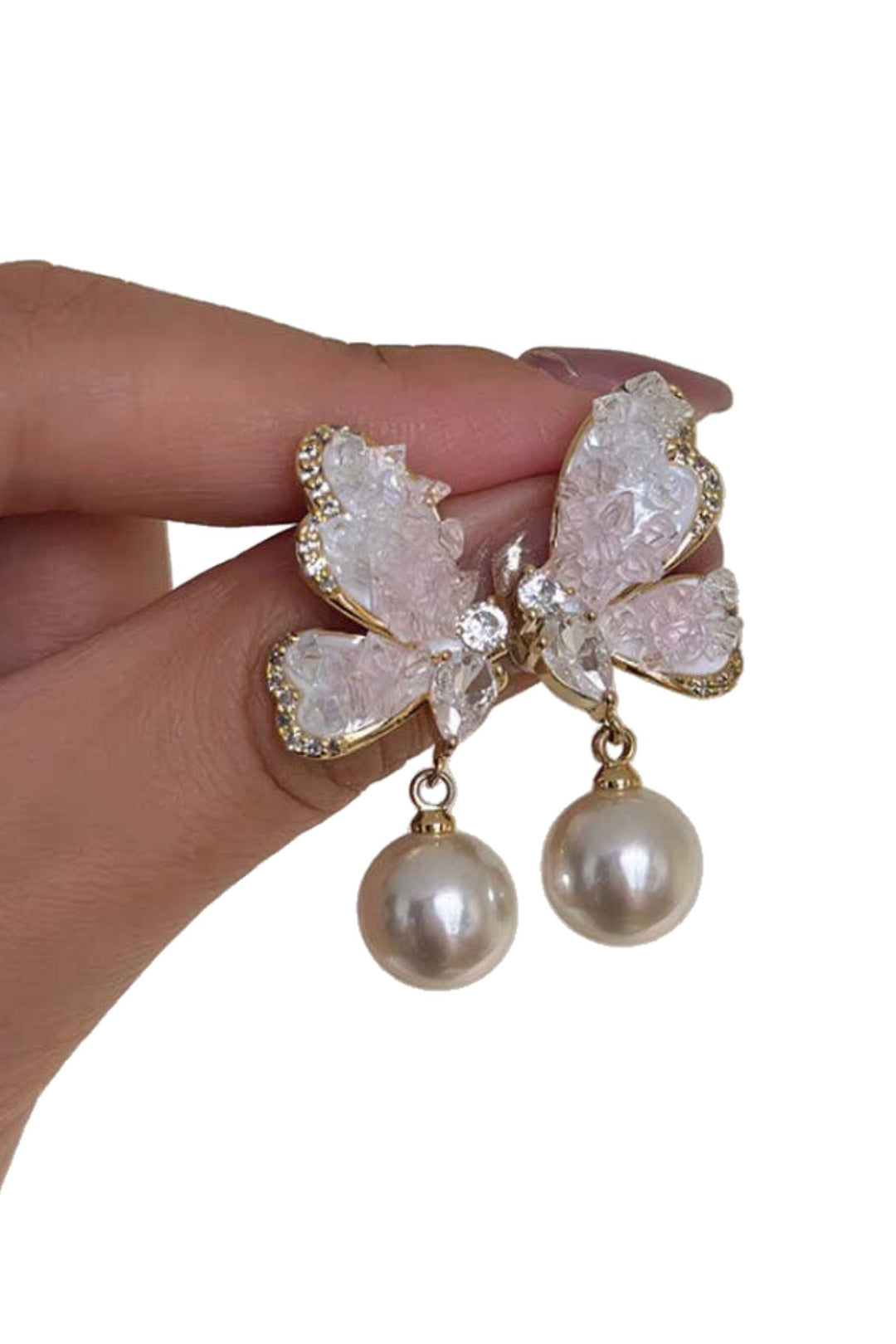 Light Pink Crystal Butterfly Earrings with Pearl Drops