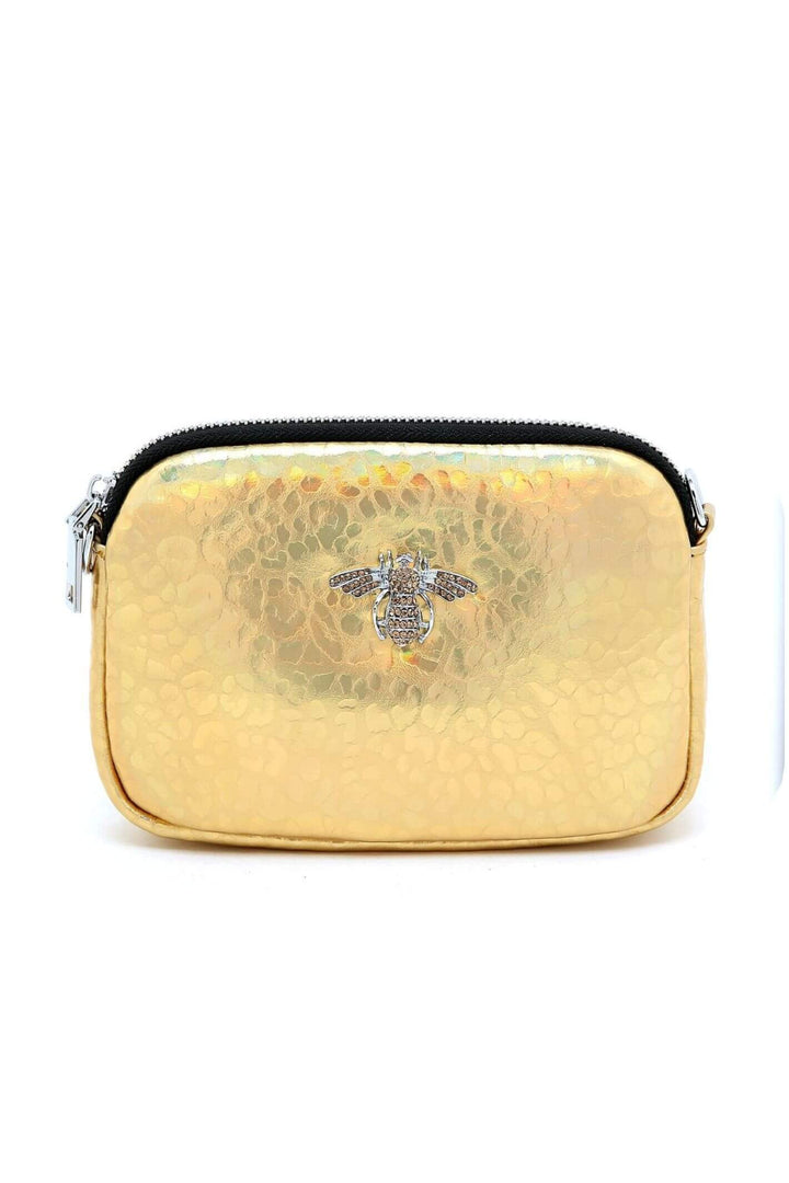 Metallic Gold Leather Bee Crystal Bag