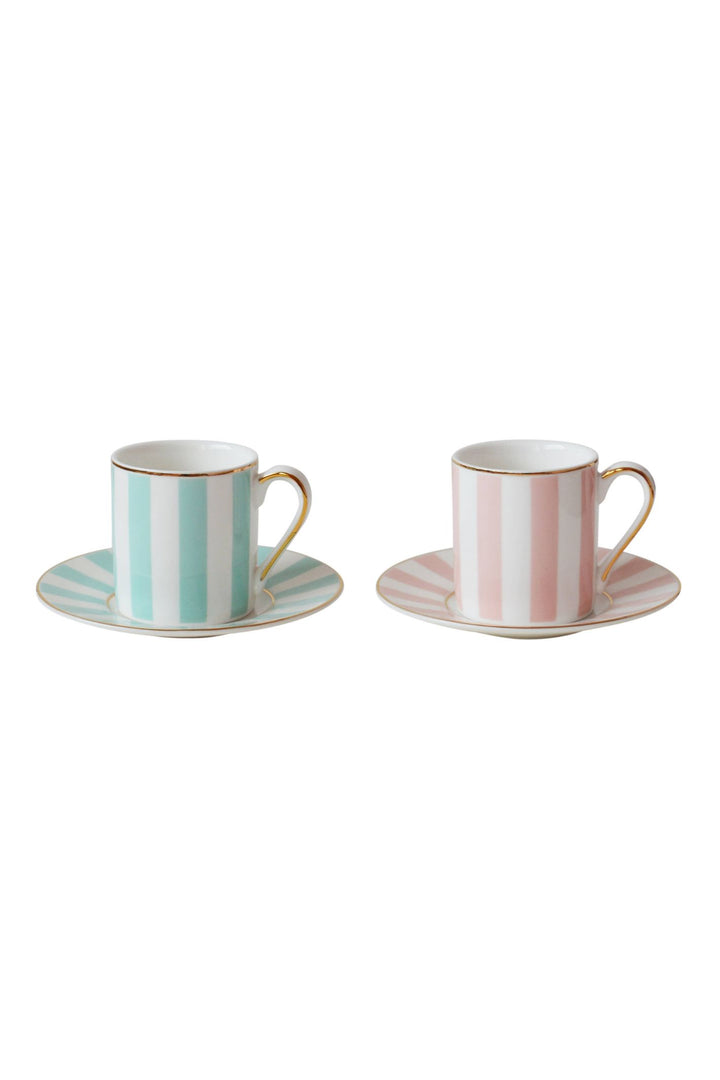 Bombay Duck Mint & Pink Stripy Espresso Cups & Saucers Set of 2