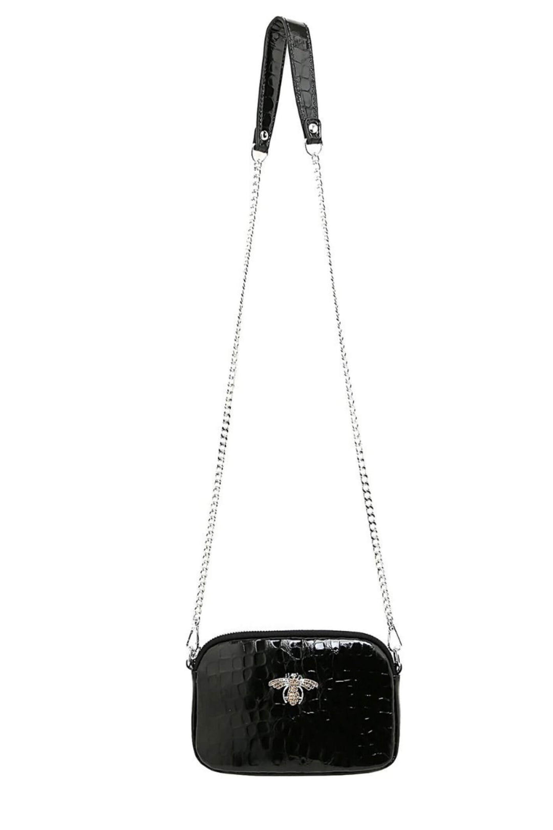 Mock Croc Black Leather Bee Crystal Bag