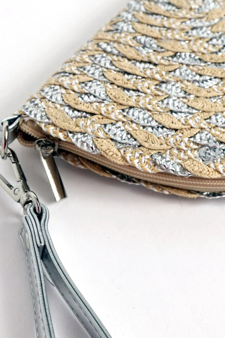 Natural & Metallic Silver Half Moon Clutch Bag